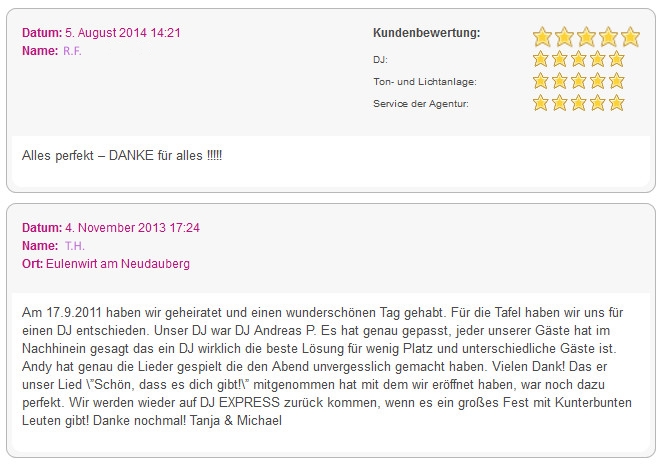 Hochzeits DJ Bewertungen Agentur