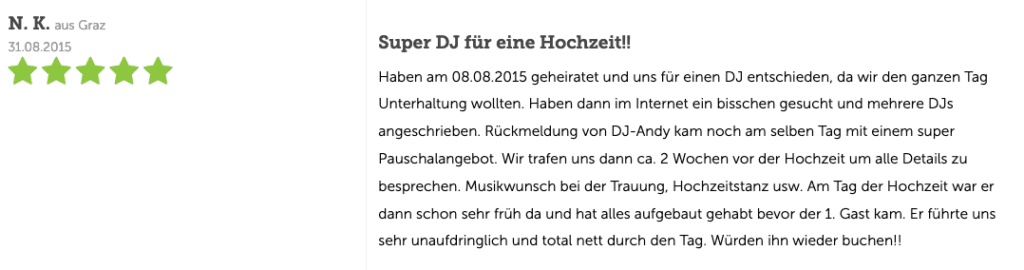 DJ für Hochzeit Steiermark Bewertung